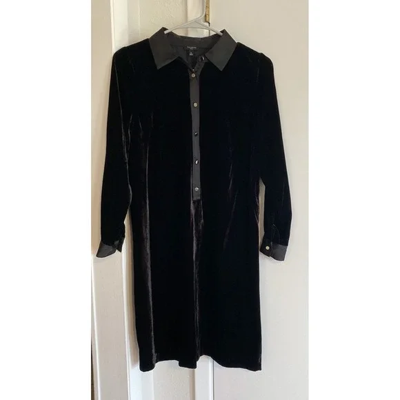 Talbots Black Velvet Popover Collared Shirt Dress Mini Whimsigoth S Quiet Luxury - Picture 3 of 8